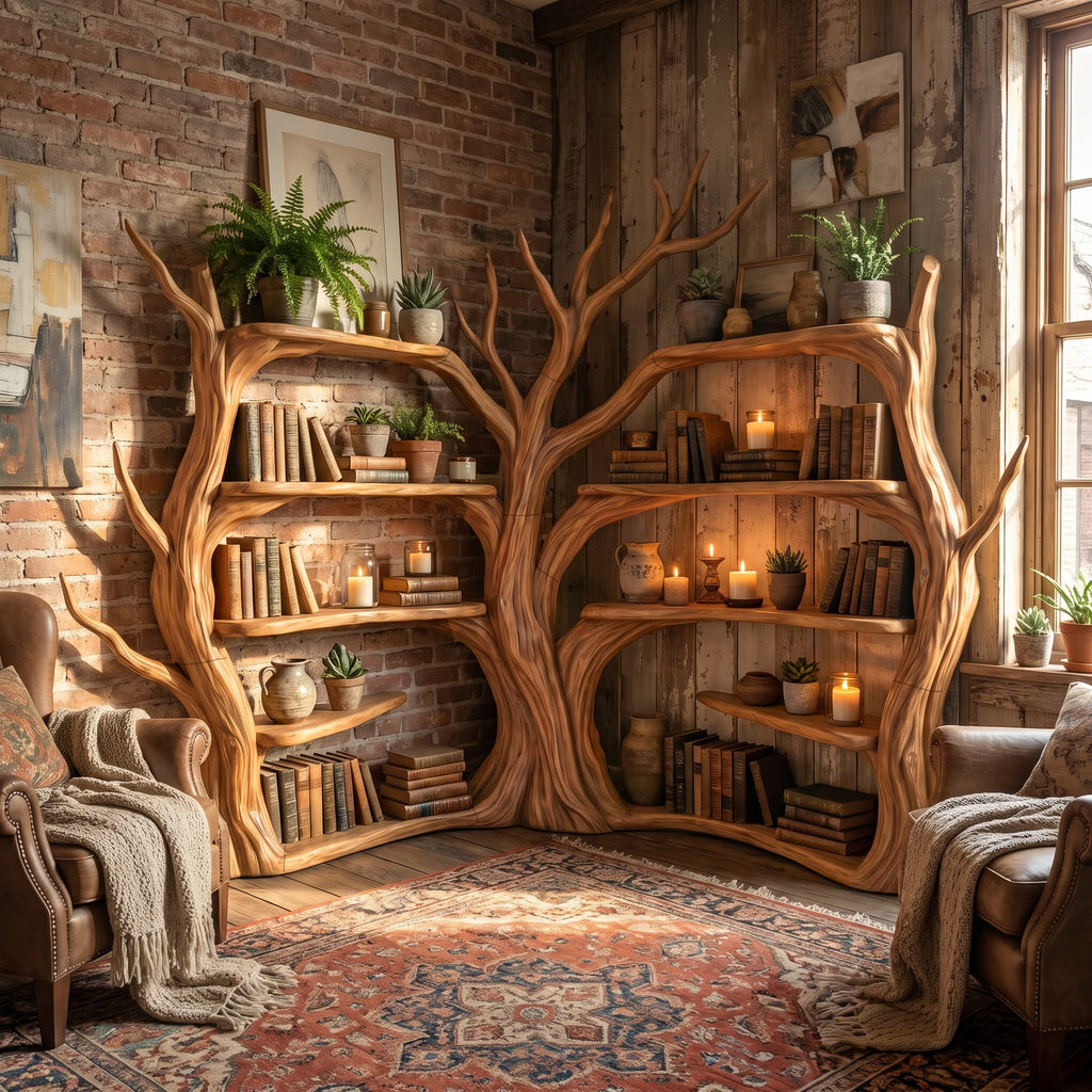 Tree Corner Bookshelf, solid wood, built to order