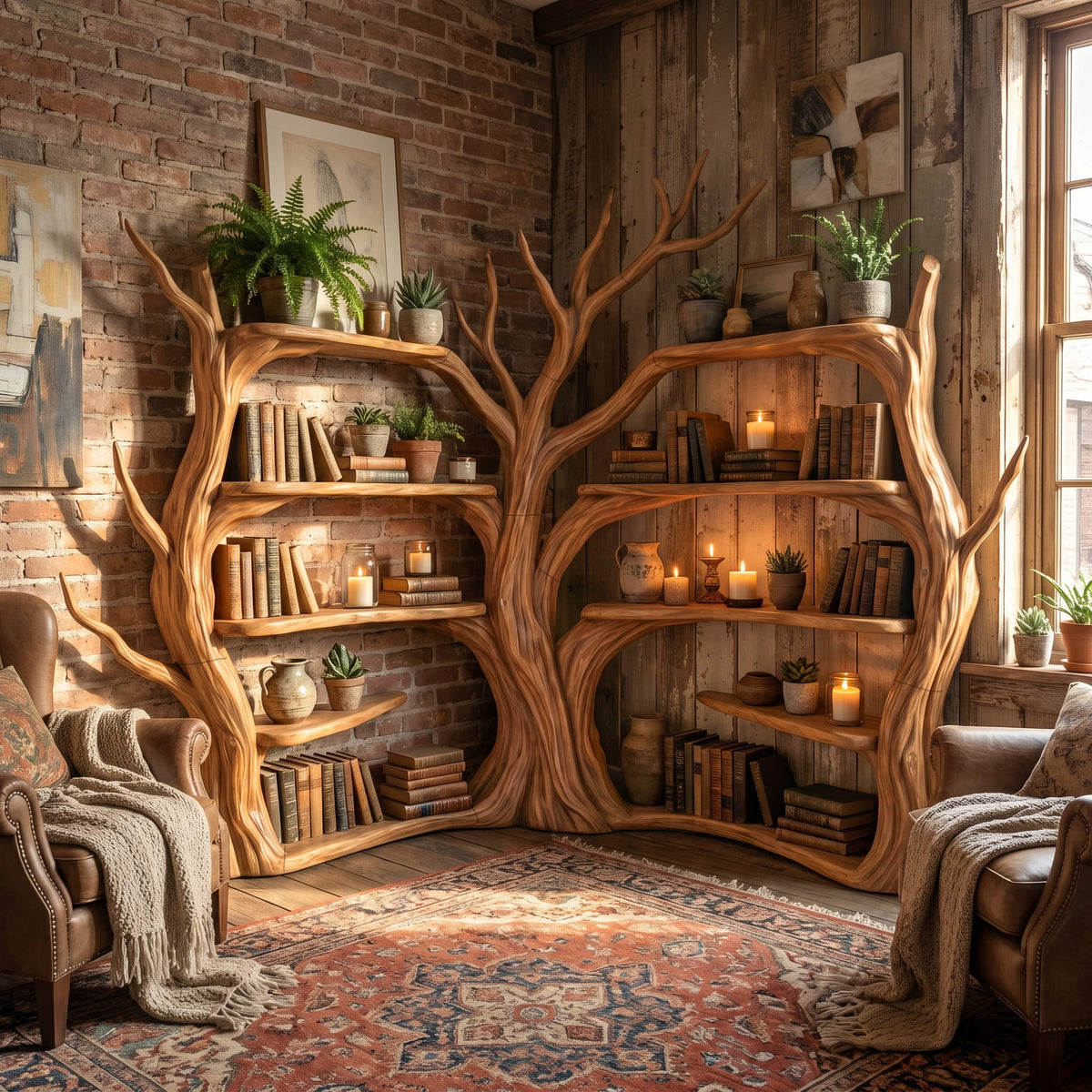 Tree Corner Bookshelf, solid wood, built to order
