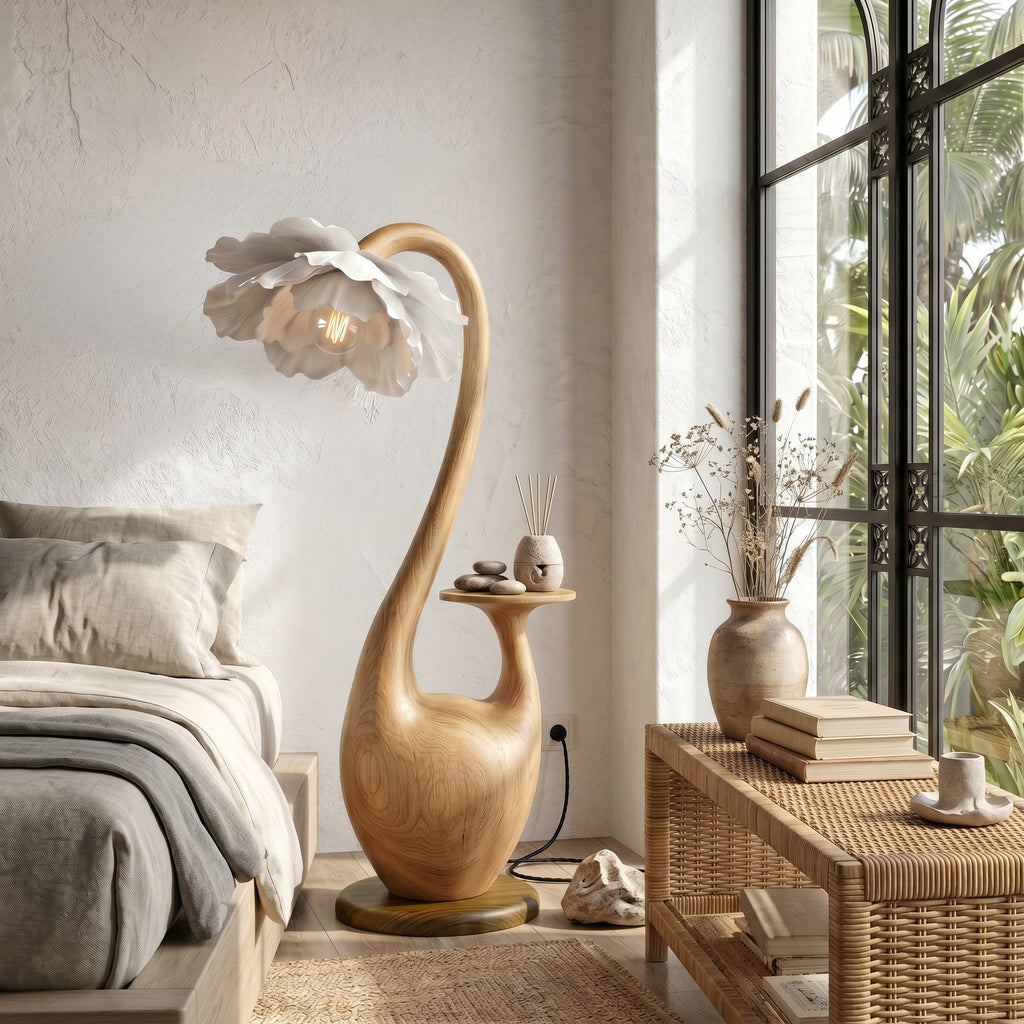 Artistic Floor Lamp with Sculptural Organic Base and Integrated Shelf, solid wood, built to order