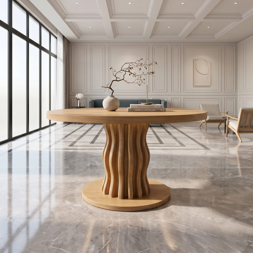 Contemporary Round Entryway Table with Wavy Vertical Form, solid wood, built to order