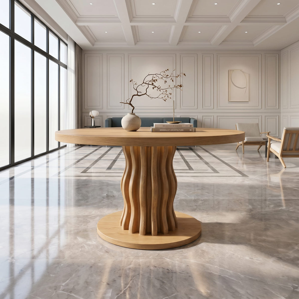 Contemporary Round Entryway Table with Wavy Vertical Form, solid wood, built to order