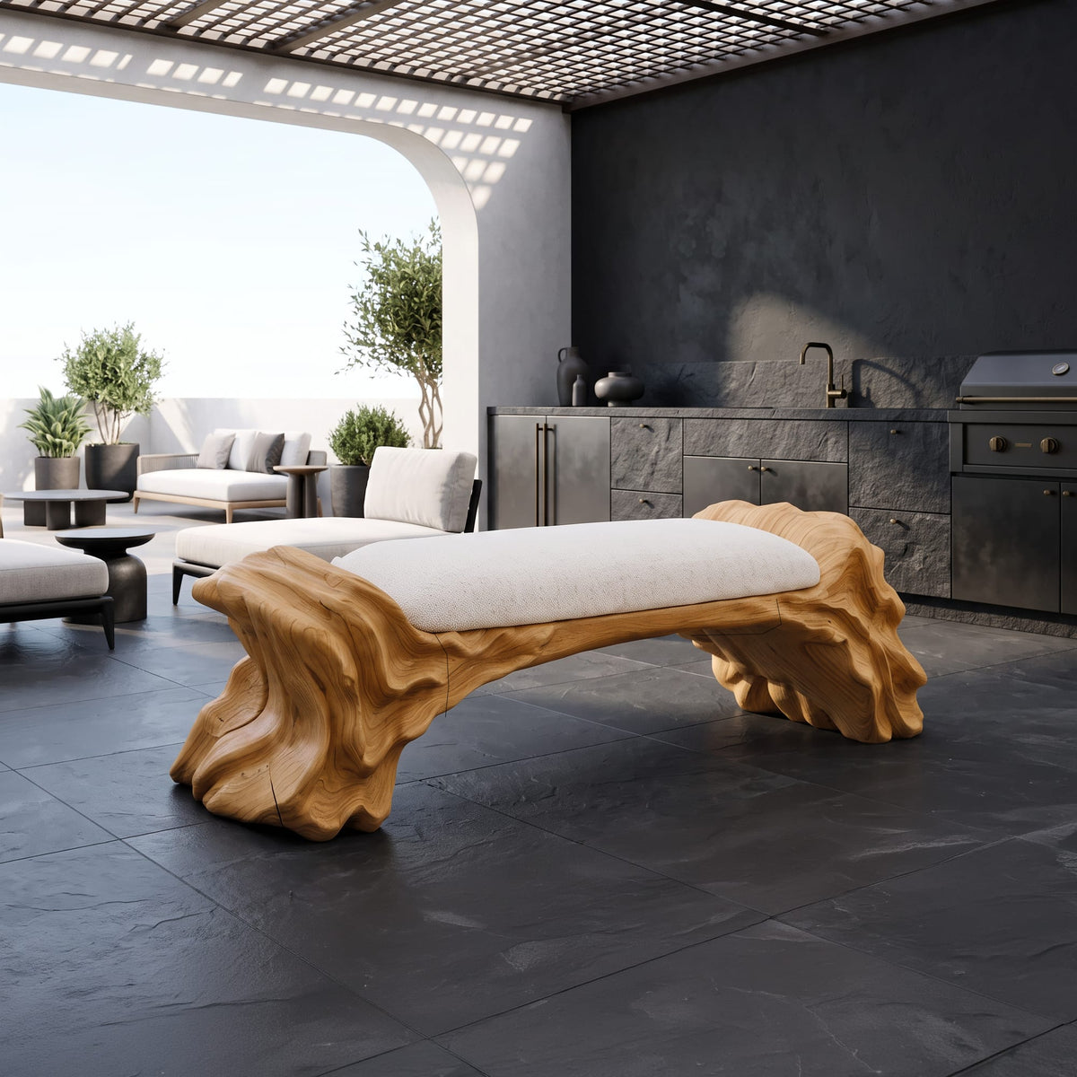 Contemporary Bench with Oyster Inspired Base, solid wood, built to order