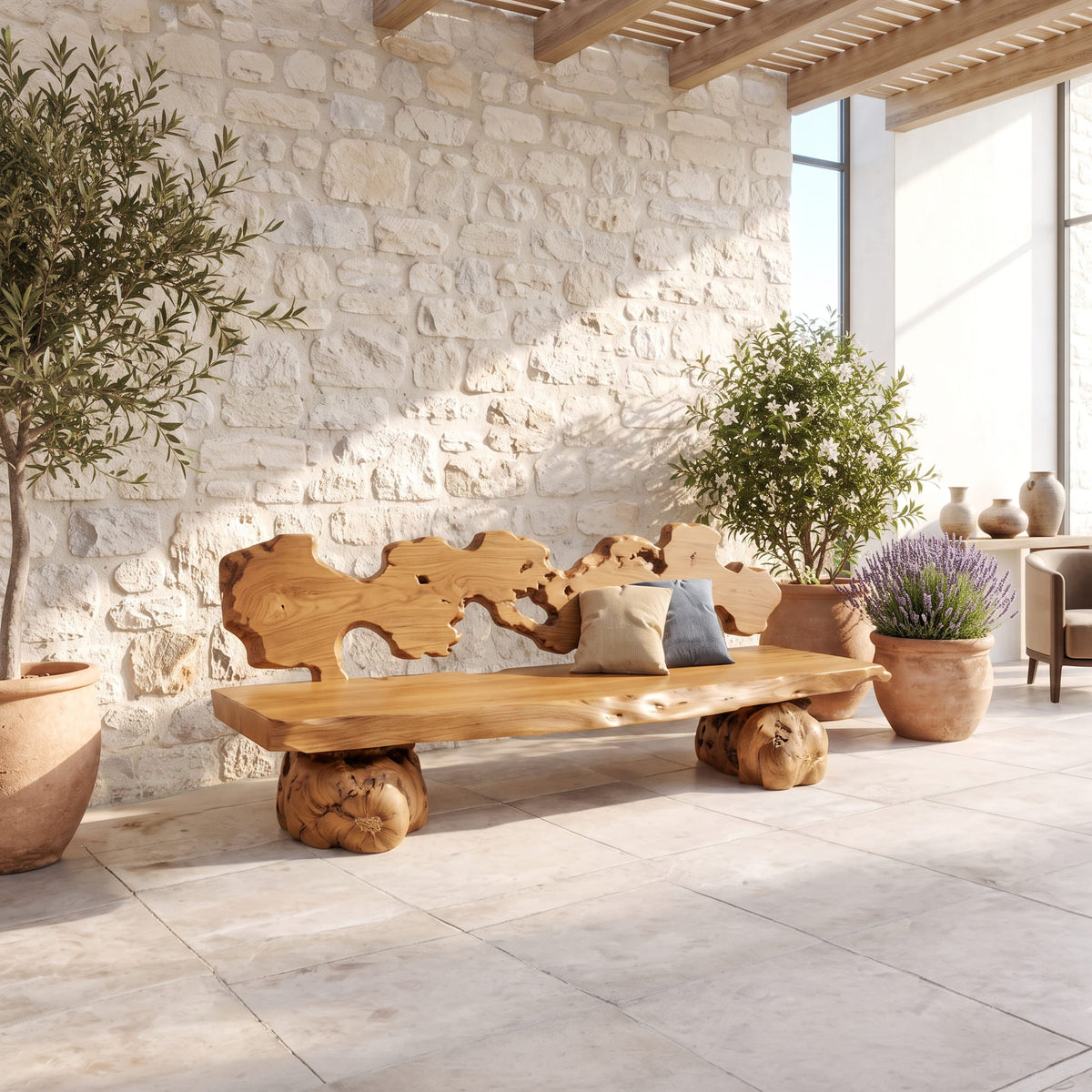 Contemporary Garden Bench with Interwoven Branch Design, solid wood, built to order