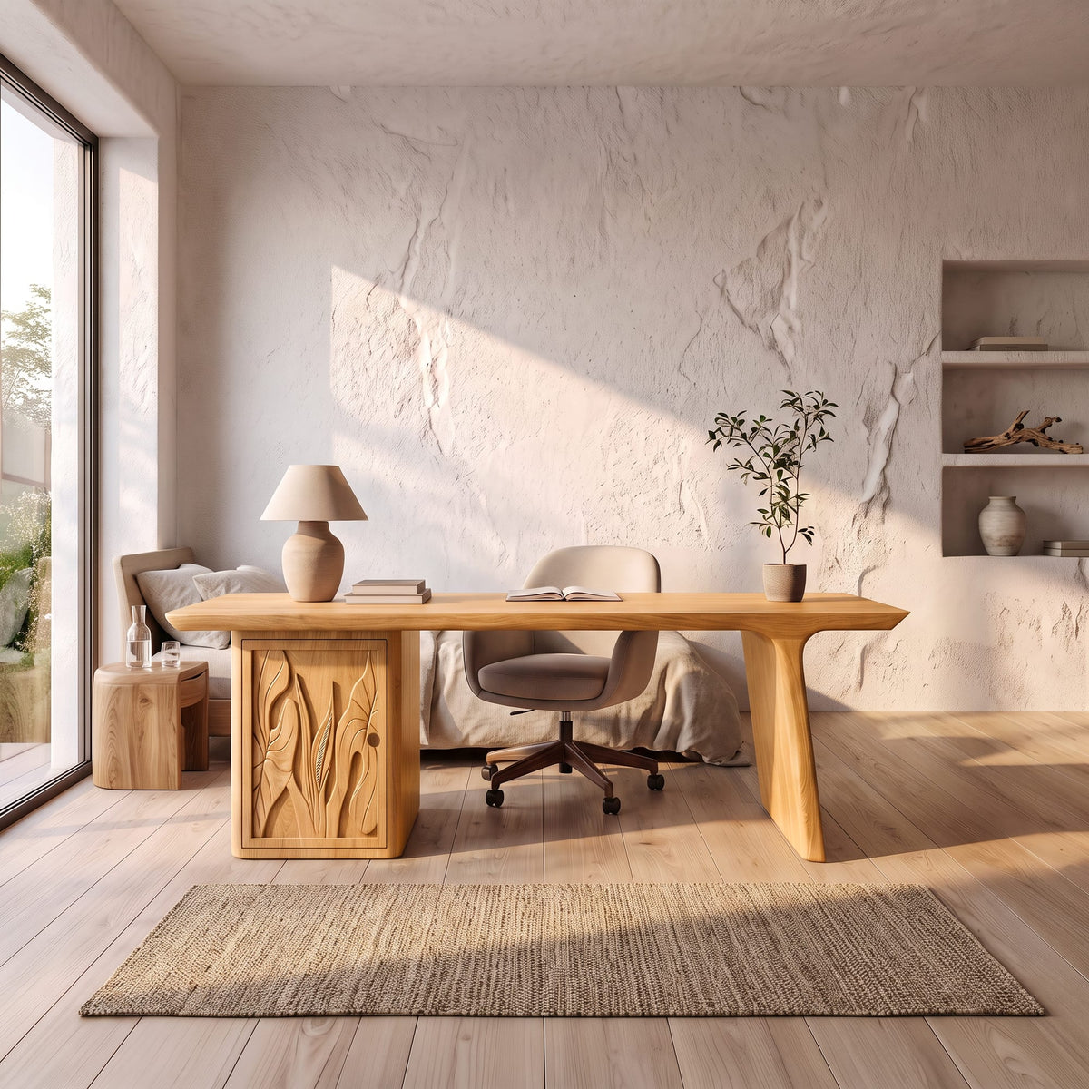 Contemporary Executive Desk with Side Storage Cabinet, solid wood, built to order