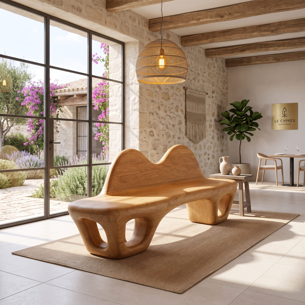 Accent Bench with Dramatic Rounded Silhouette, solid wood, built to order