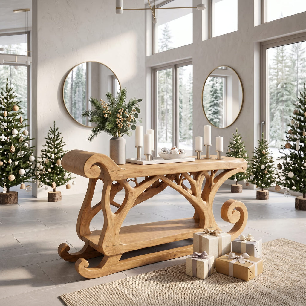 Rustic Console Table with Reindeer Sleigh Design, solid wood, built to order