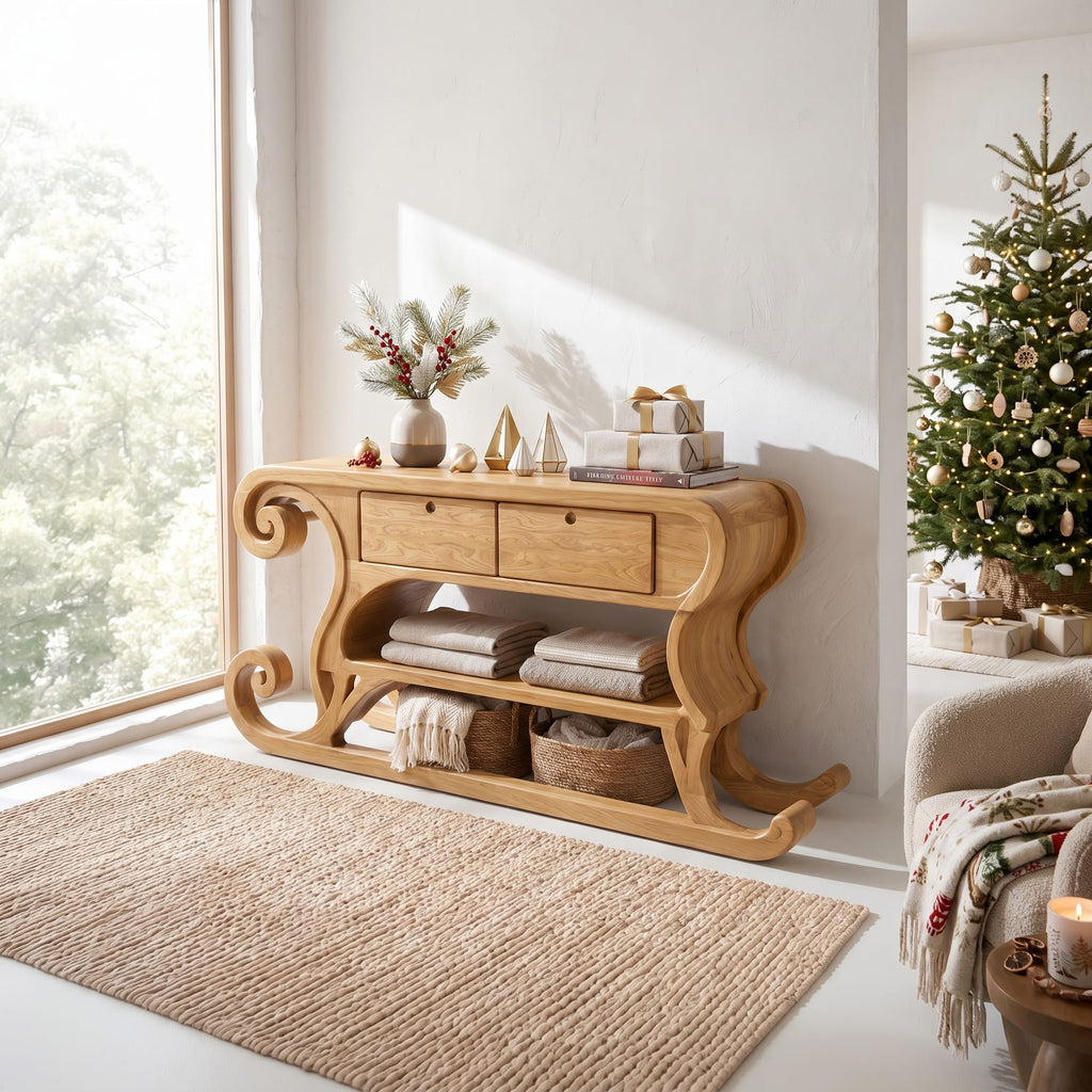 Rustic Console Table with Sleigh Inspired Scroll Design, solid wood, built to order