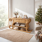 Rustic Console Table with Sleigh Inspired Scroll Design, solid wood, built to order