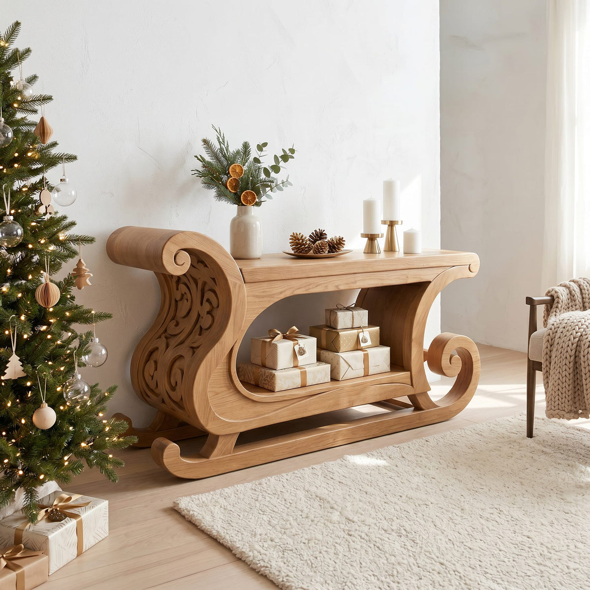 Rustic Console Table with Carved Sleigh Design, solid wood, built to order