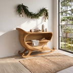 Farmhouse Console Table with Sleigh Inspired Scroll Design, solid wood, built to order