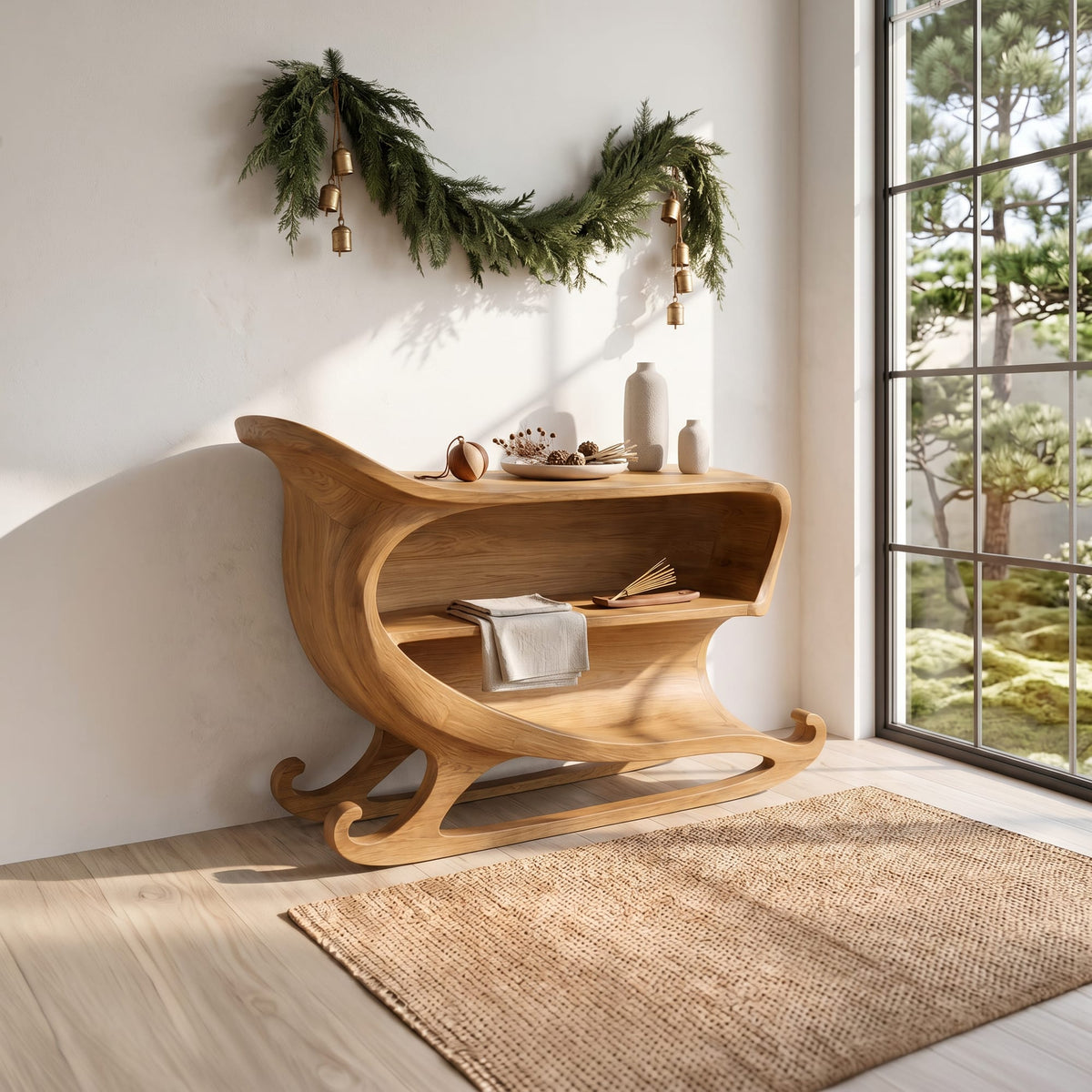Farmhouse Console Table with Sleigh Inspired Scroll Design, solid wood, built to order