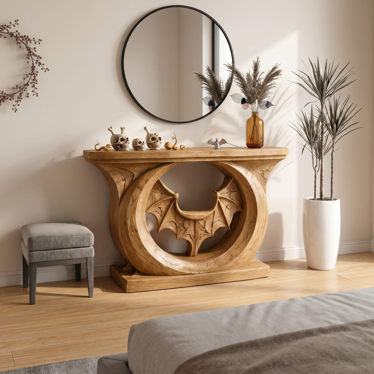 Contemporary Console Table with Sculptural Bat Design, solid wood, built to order