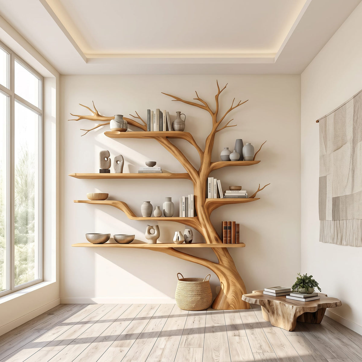 Rustic Book Tree Shelf Home Office, solid wood, built to order