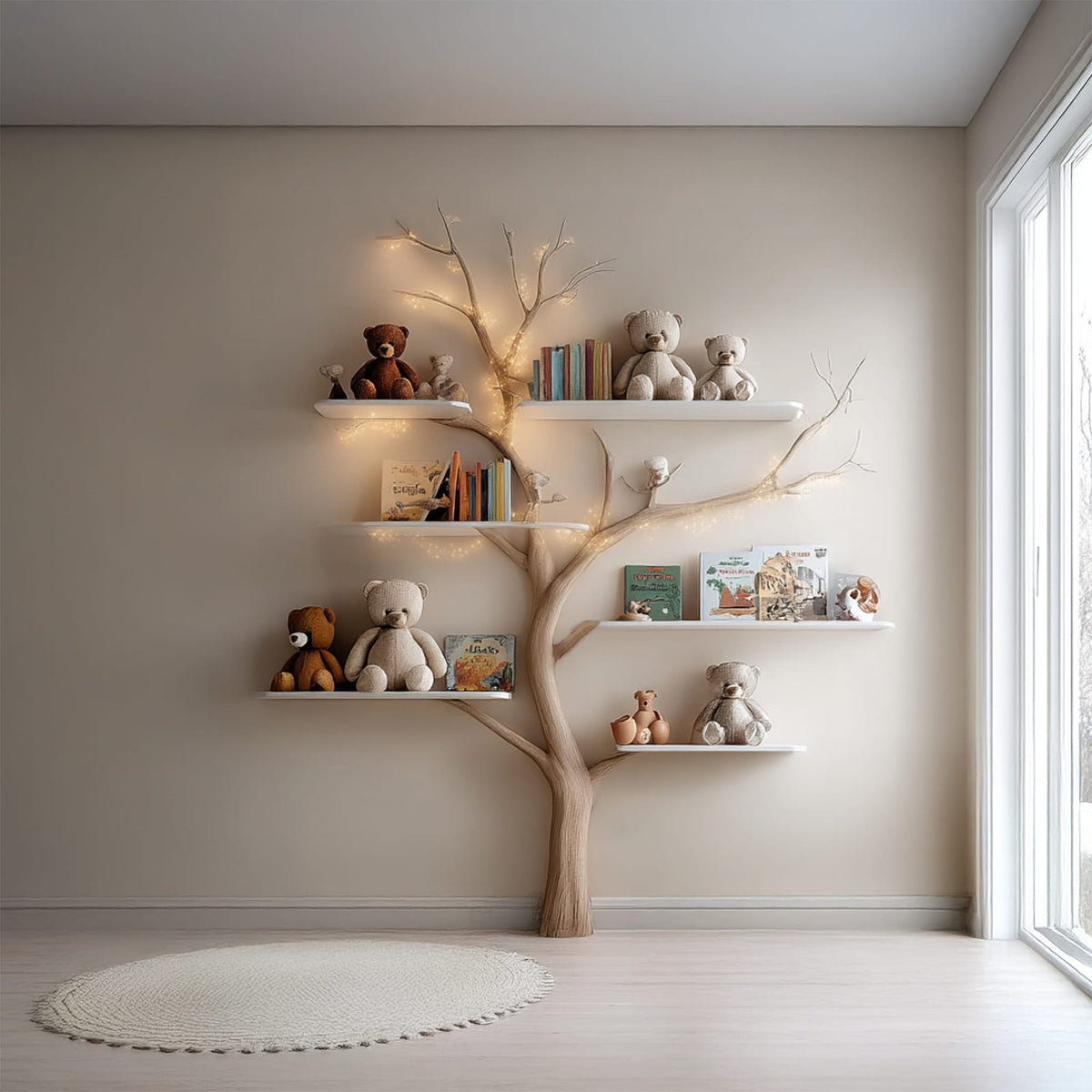 Midcentury Tree Bookshelf Nursery Bedroom, solid wood, built to order