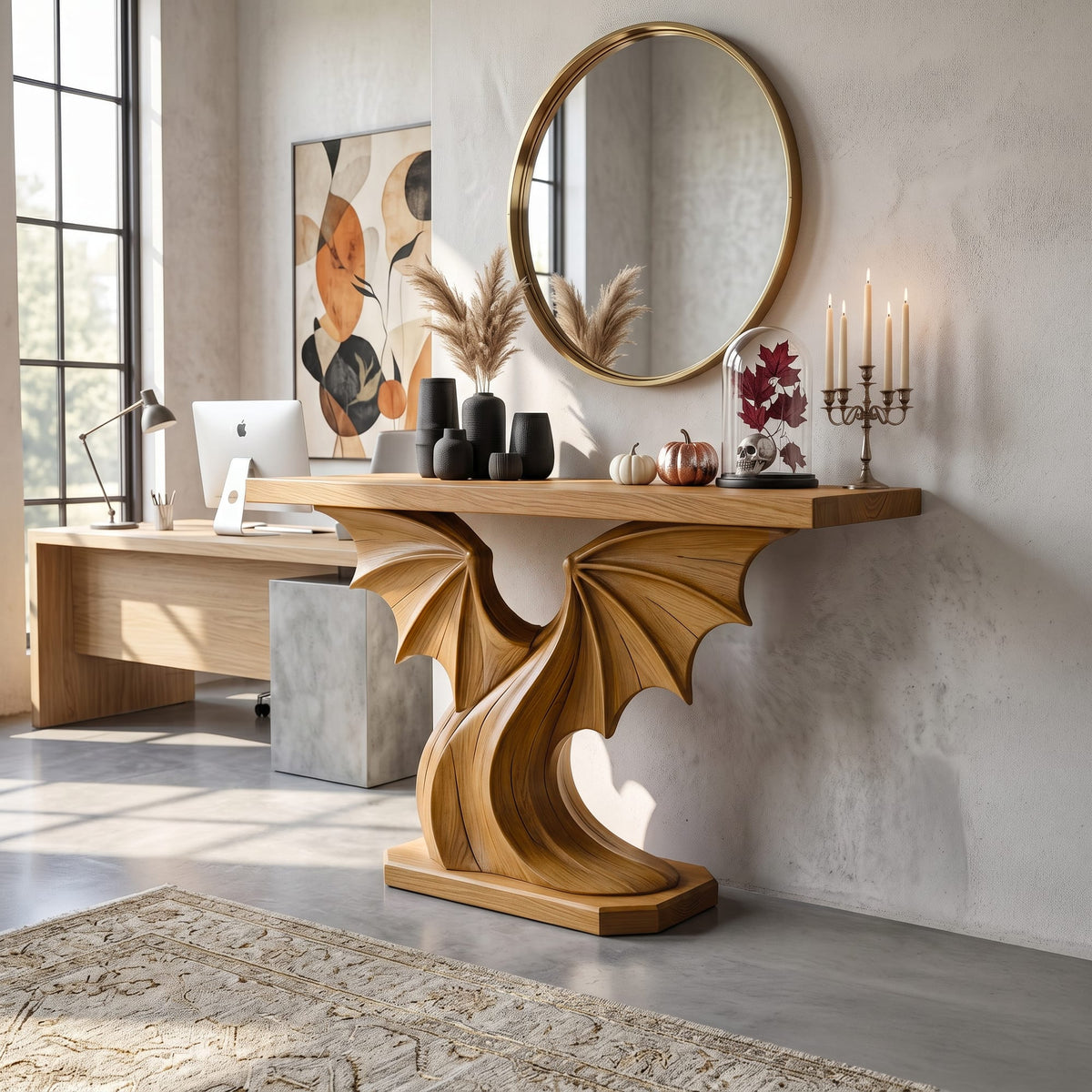 Contemporary Console Table with Sculptural Bat Wing Design, solid wood, built to order