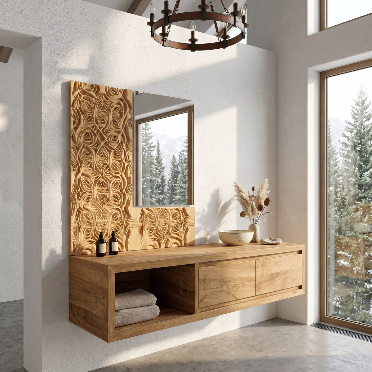 Organic Modern Floating Bathroom Vanity with Open Storage, solid wood, built to order