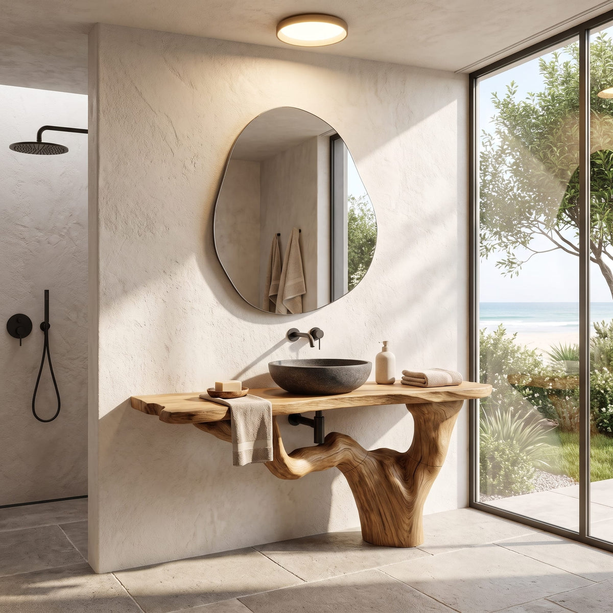 Handcrafted Bathroom Vanity with Tree Trunk Design, solid wood, built to order