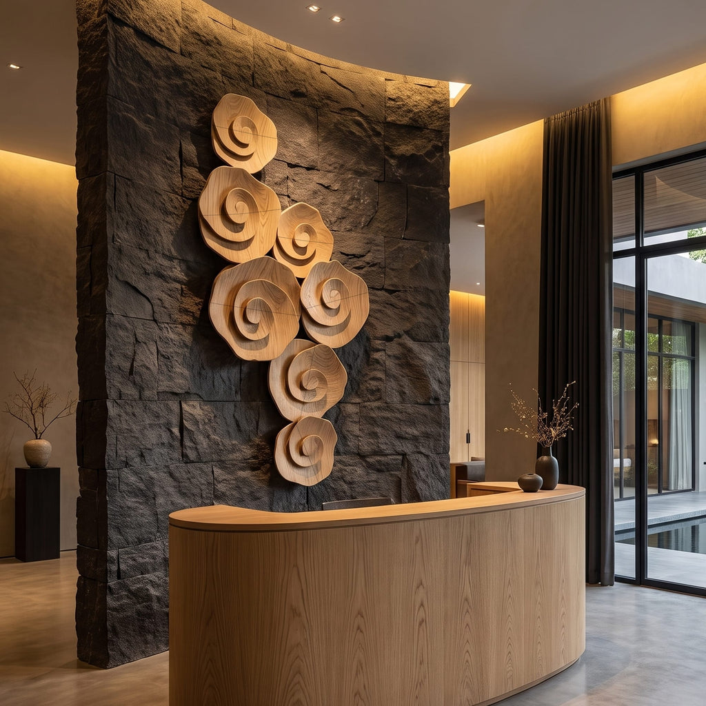 Contemporary Flower Wall Art with Sculptural Spiral Form, solid wood, built to order