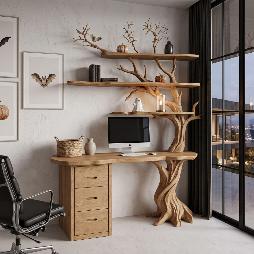 Contemporary Writing Desk with Tree Silhouette, solid wood, built to order