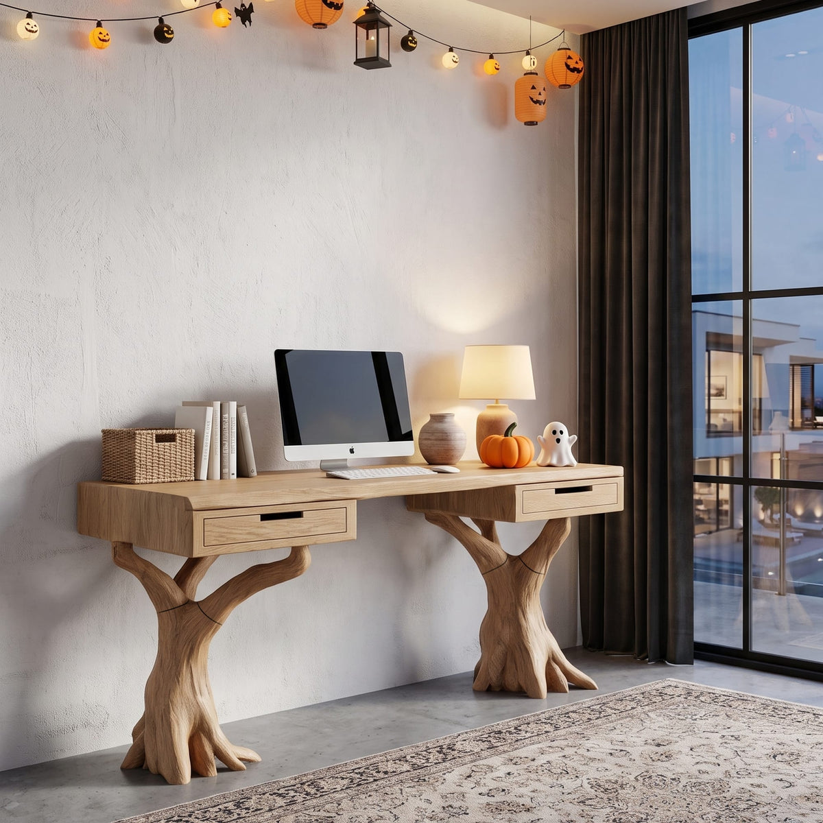 Contemporary Storage Desk with Display Shelves, solid wood, built to order