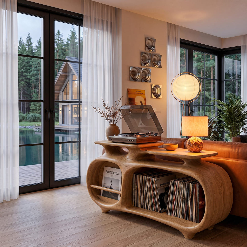 Minimalist Vinyl Console with Soft Continuous Curves, solid wood, built to order