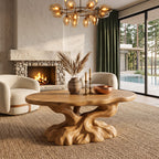 Rustic Coffee Table with Tree Root Inspired Base, solid wood, built to order