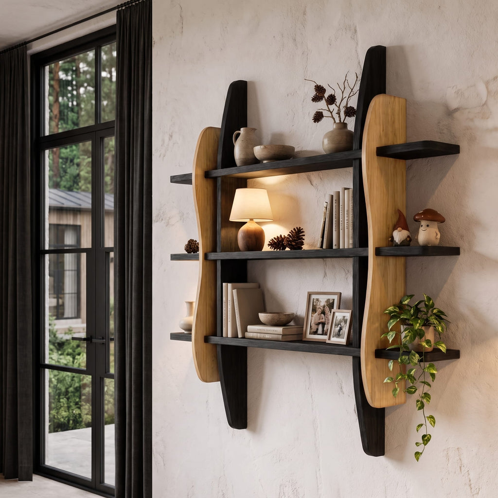 Contemporary Display Shelf with Sculptural Frame Design, solid wood, built to order