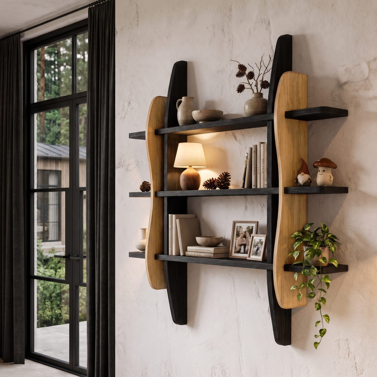 Contemporary Display Shelf with Sculptural Frame Design, solid wood, built to order
