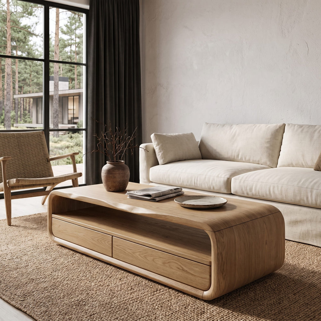 Mid Century Coffee Table with Rounded Frame Storage, solid wood, built to order