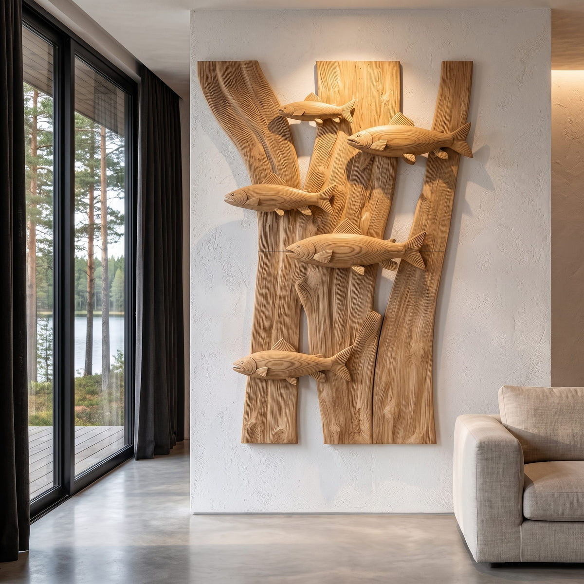 Contemporary Fish Wall Decor with Sculptural River Scene, solid wood, built to order