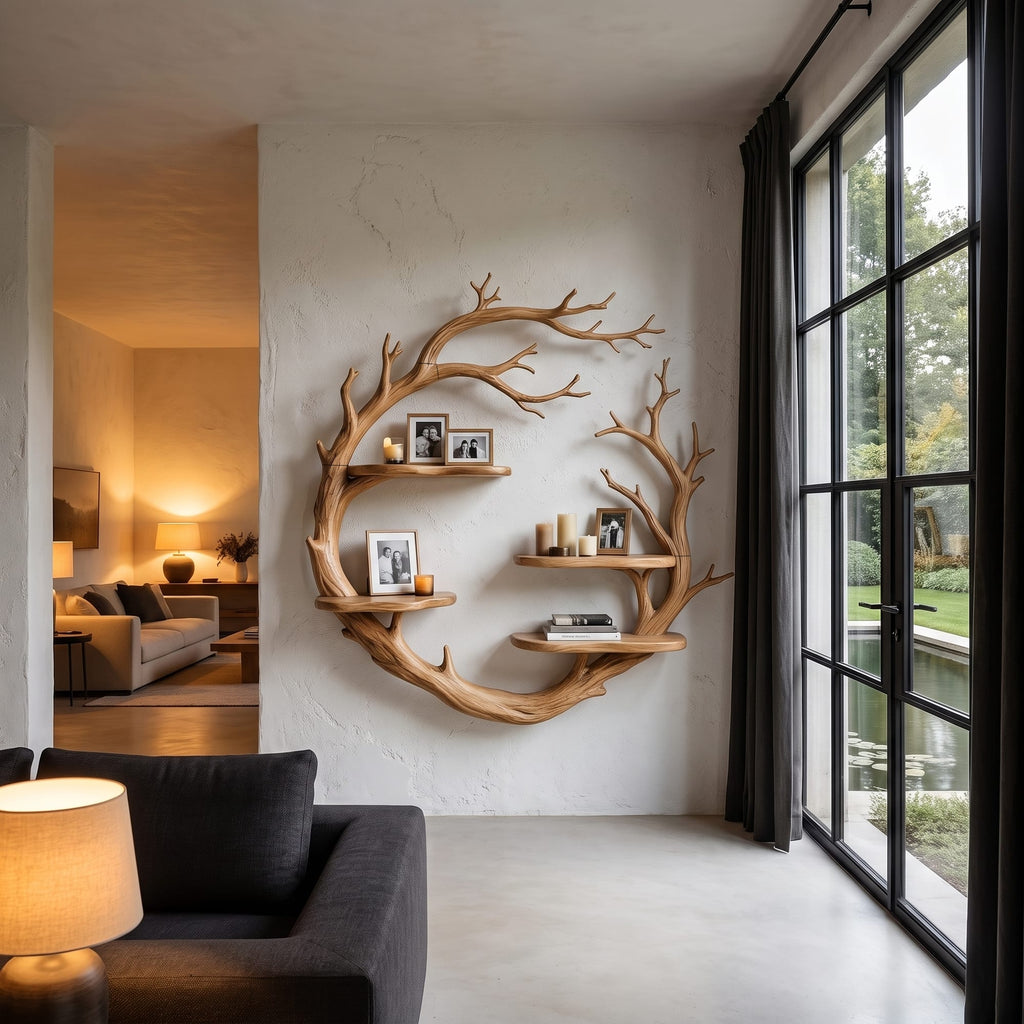Contemporary Floating Shelf with Tree Branch Display Design, solid wood, built to order