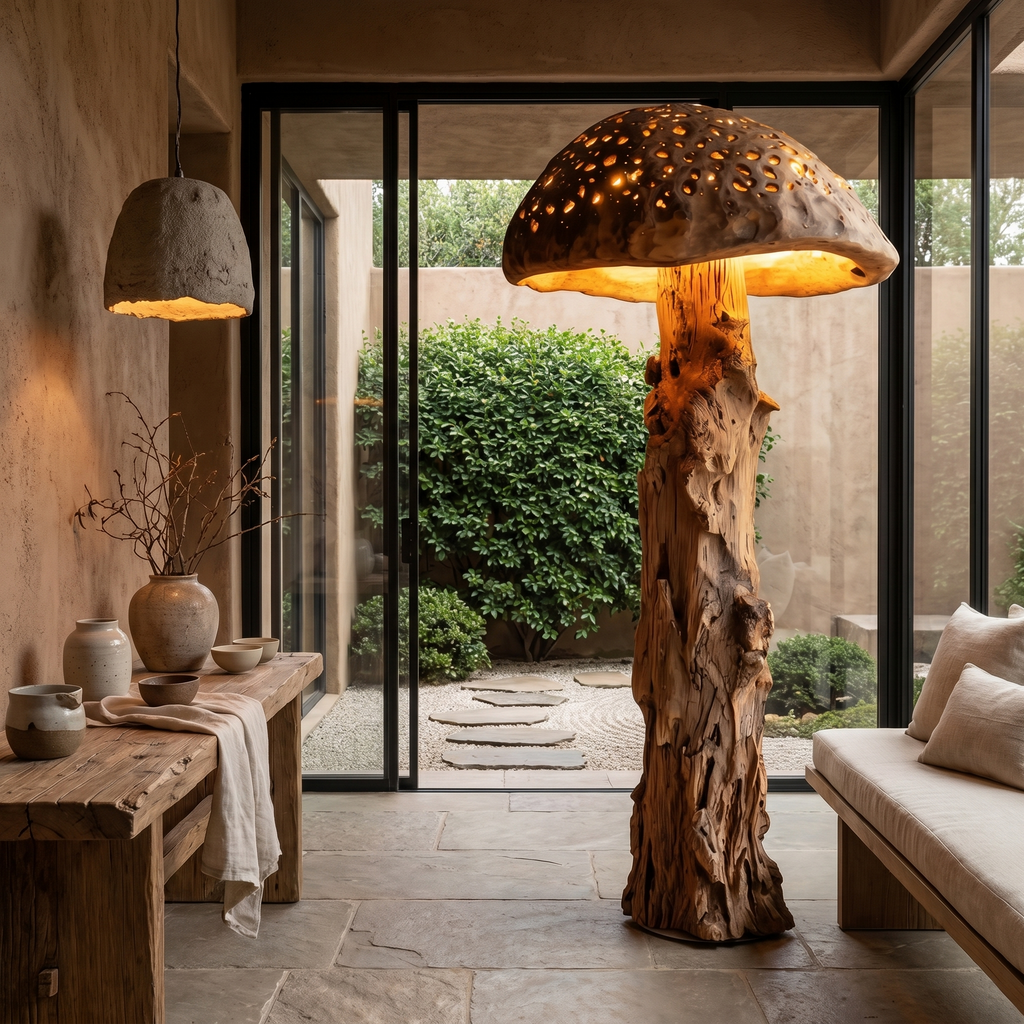 Organic Floor Lamp with Tree Trunk Base and Sculptural Shade, solid wood, built to order, view 5