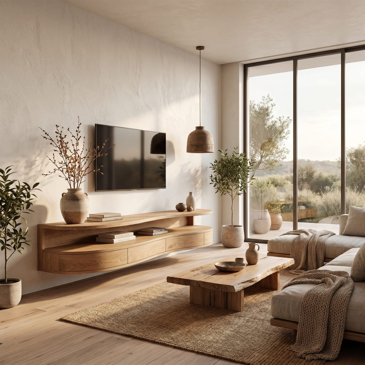 Contemporary Floating TV Stand with Built-in Drawer Storage, solid wood, built to order