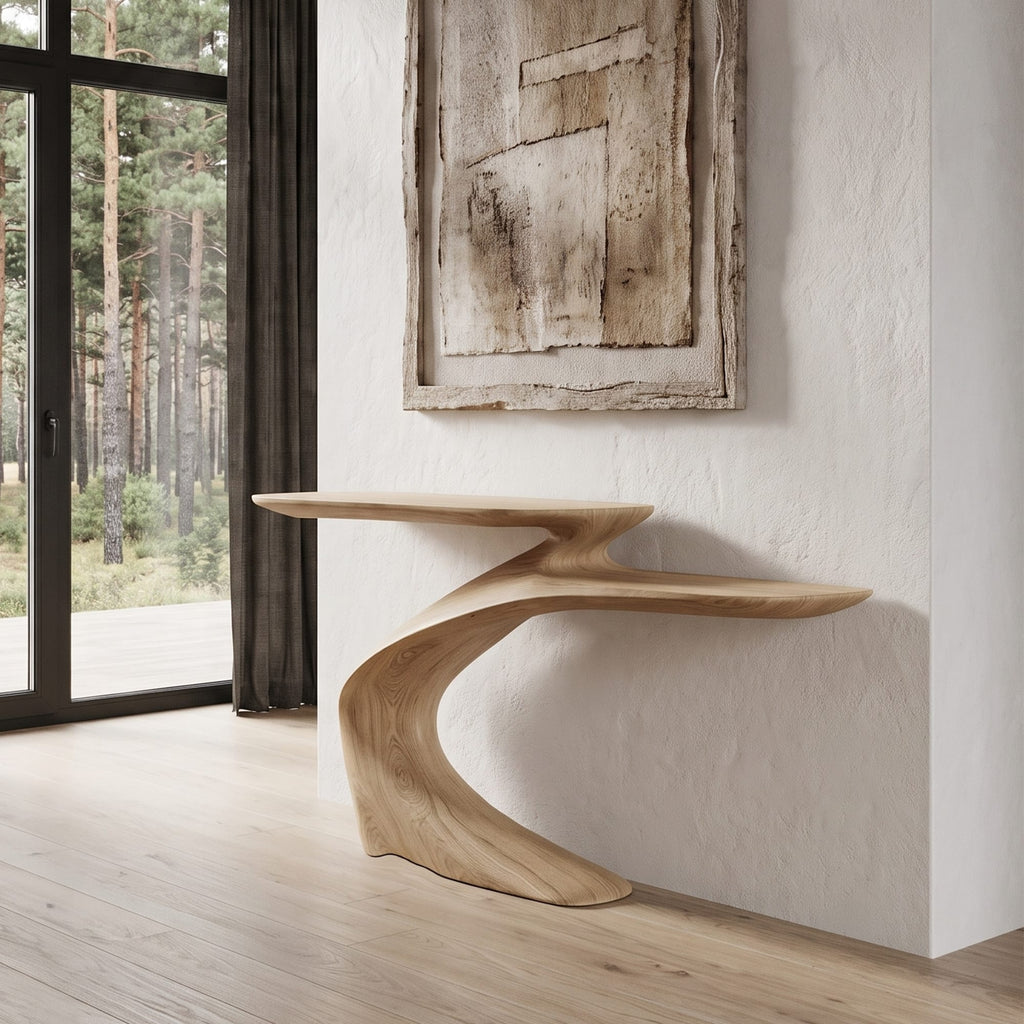 Mid Century Sculptural Console Table, solid wood, built to order