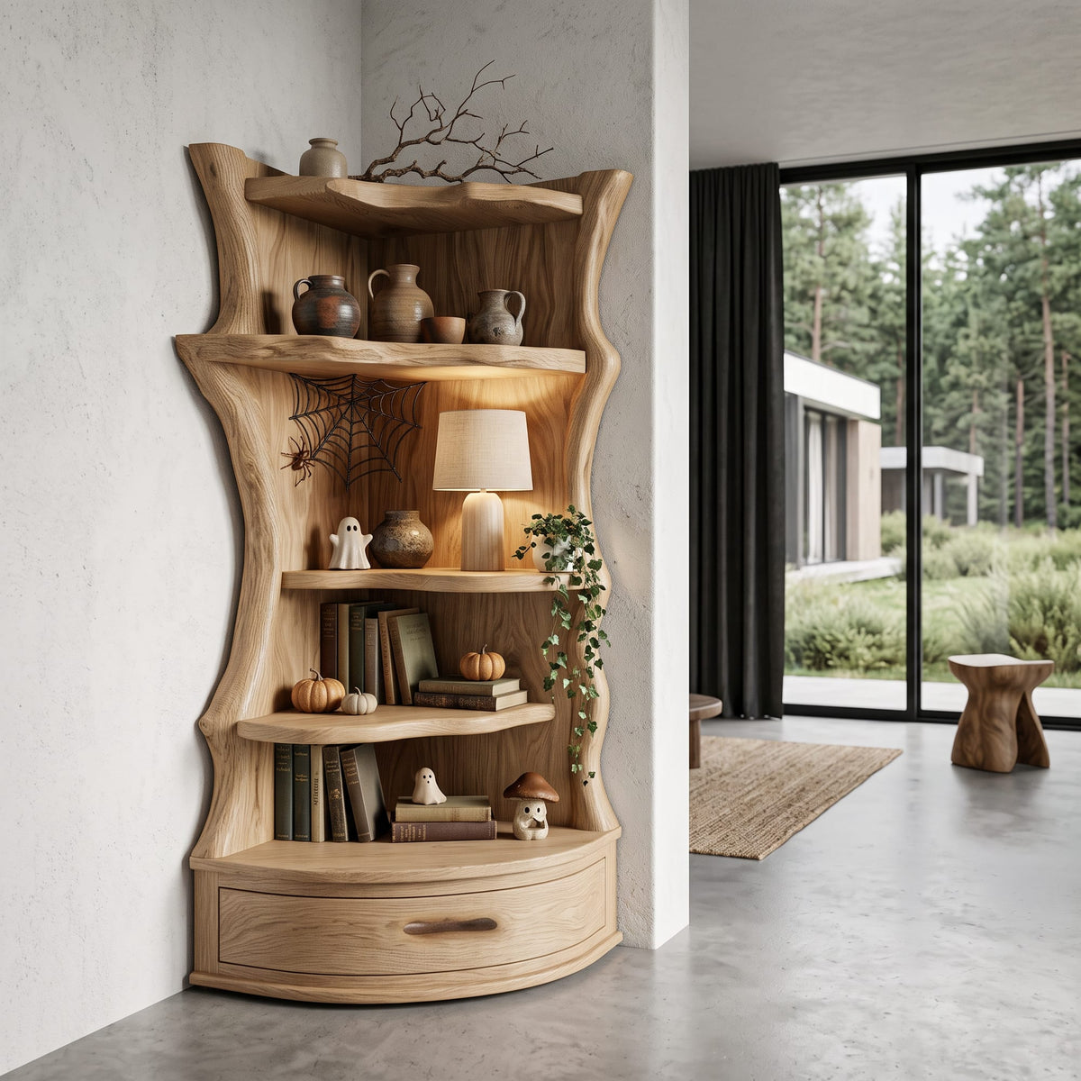 Mid Century Corner Shelf Unit with Curved Storage Base, solid wood, built to order