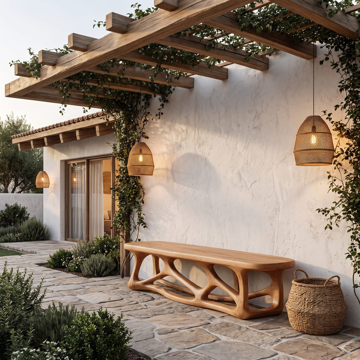 Contemporary Bench with Flowing Organic Design, solid wood, built to order