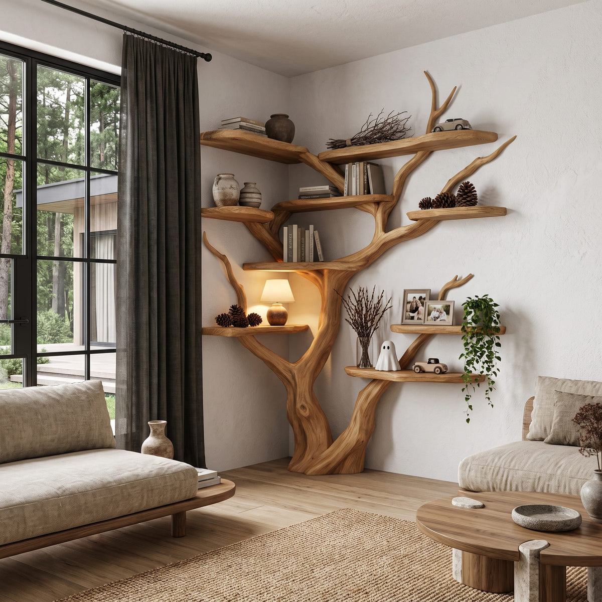 Contemporary Tree Bookshelf with Corner Branch Design, solid wood, built to order