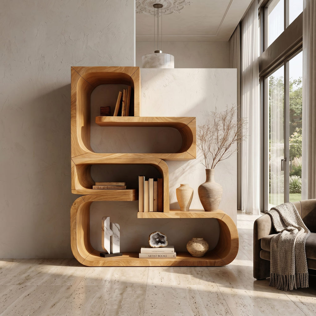 Contemporary Wave Edge Bookcase in Finish, solid wood, built to order