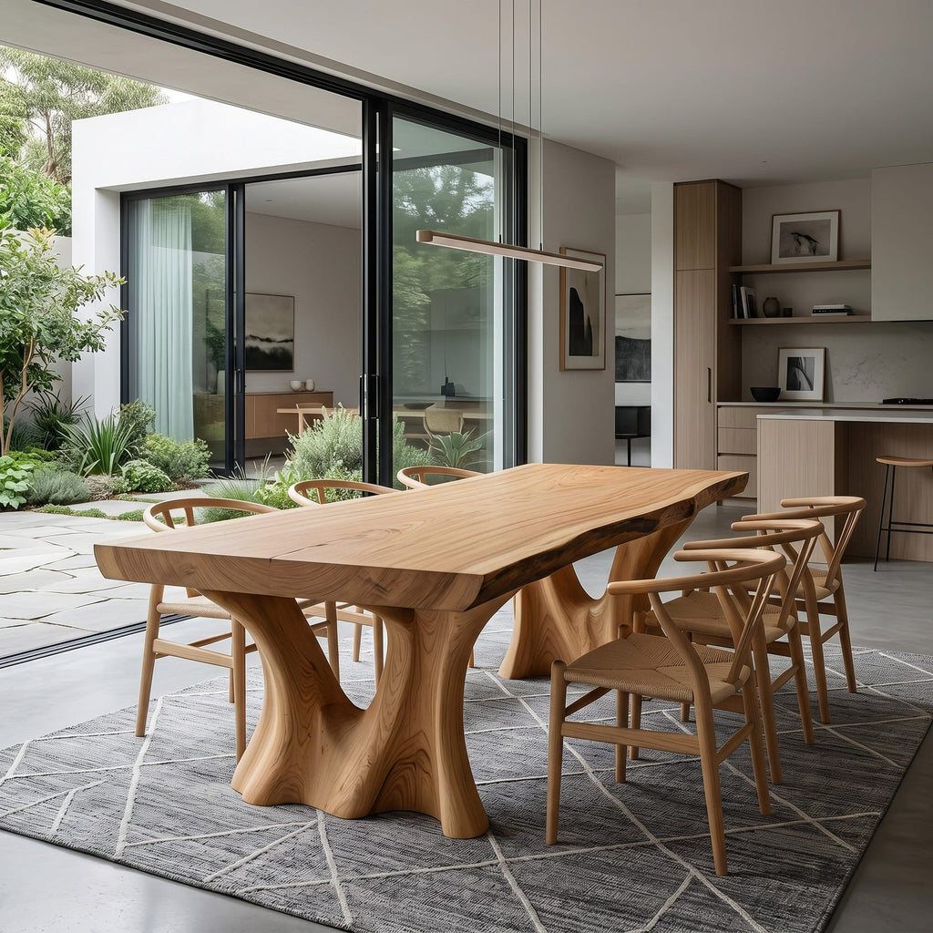 Modern Dining Table with Two Sculpted Legs, solid wood, built to order