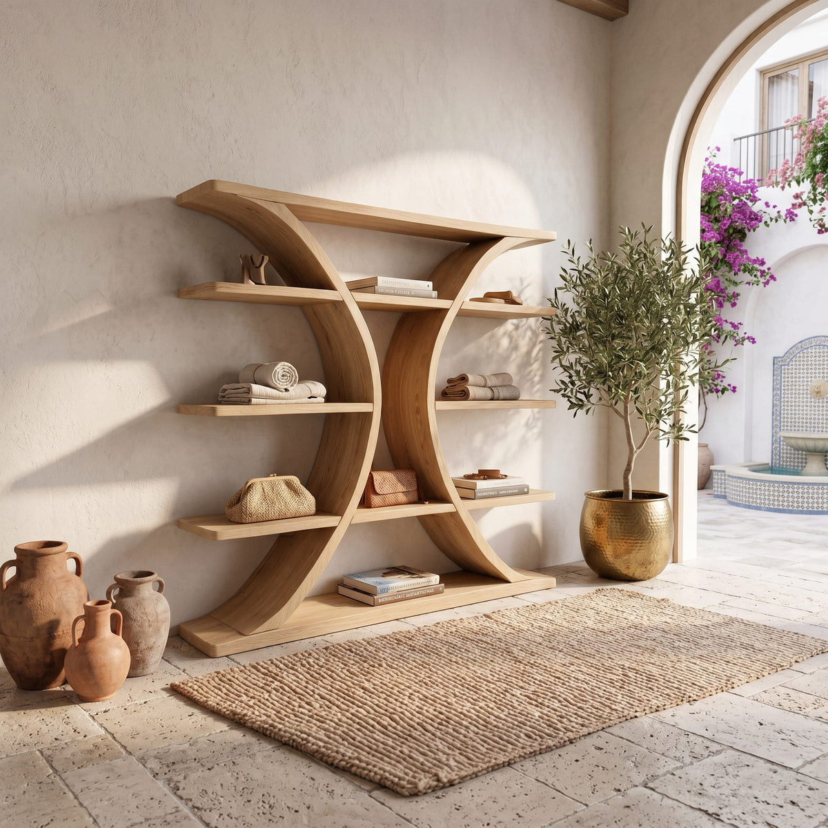 Organic Wooden Spa Shelf with Sculptural Curved Frame, solid wood, built to order