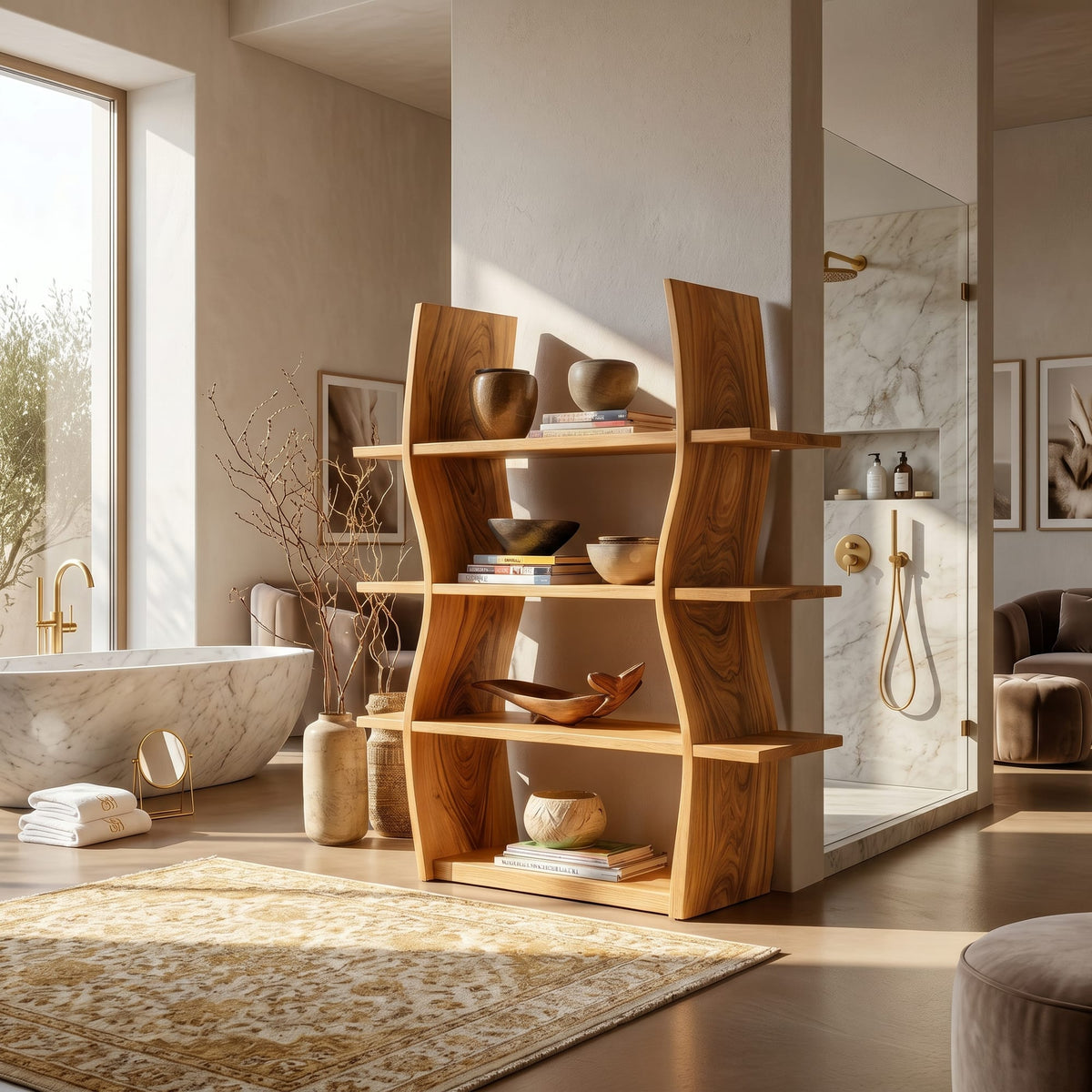 Elegant Wooden Storage Shelf in Wave Design, solid wood, built to order