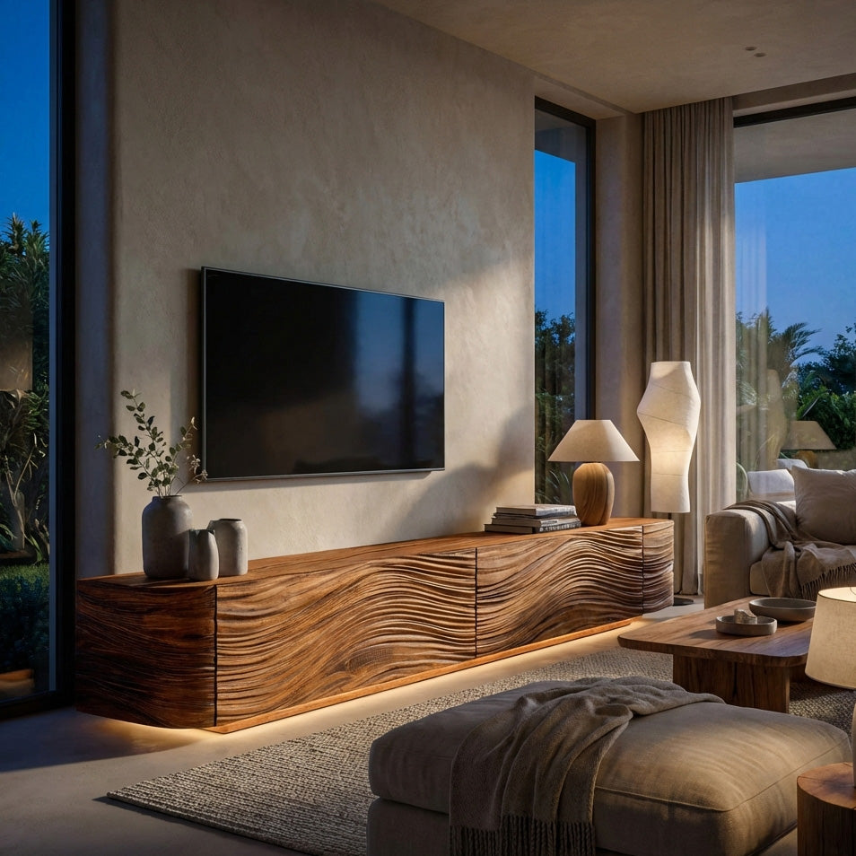 Minimalist Wave TV Console, solid wood, built to order