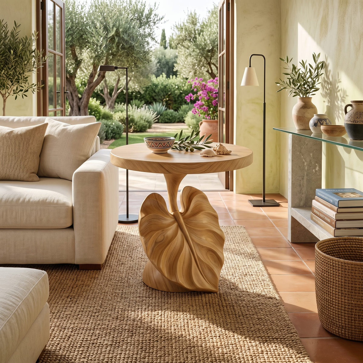 Mediterranean Sculptural Accent Table Courtyard Patio, solid wood, built to order