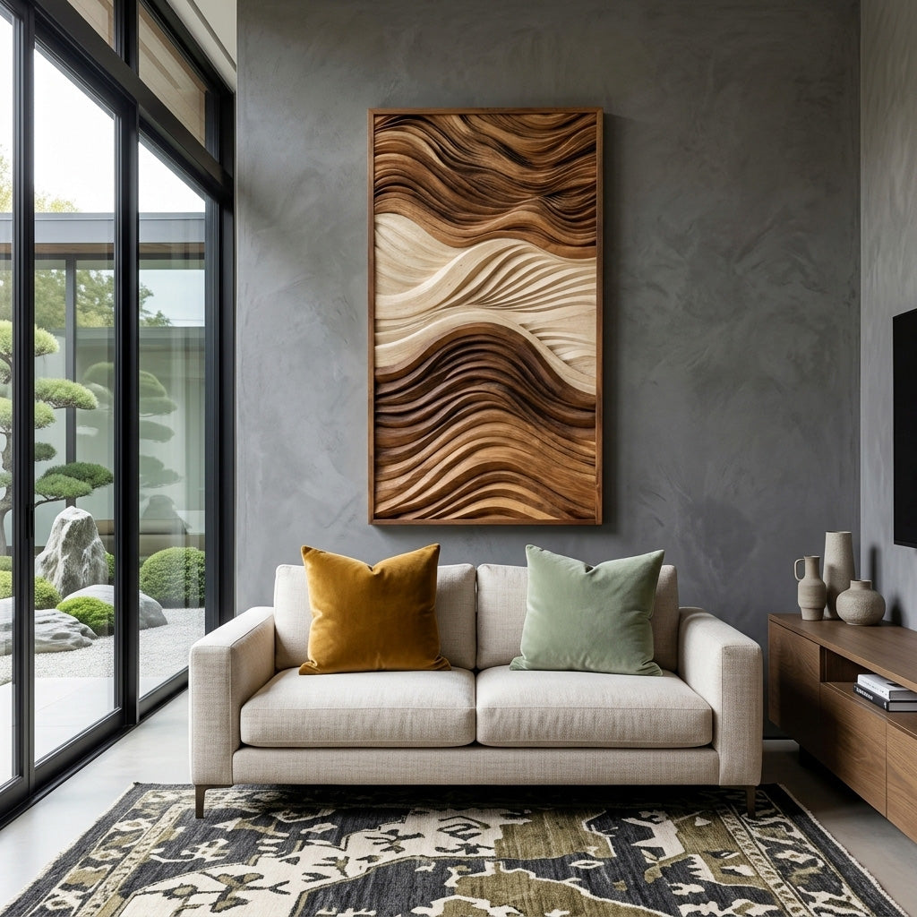 Vertical Sculptural Wall Art with Wave Carved Design, solid wood, built to order, view 5