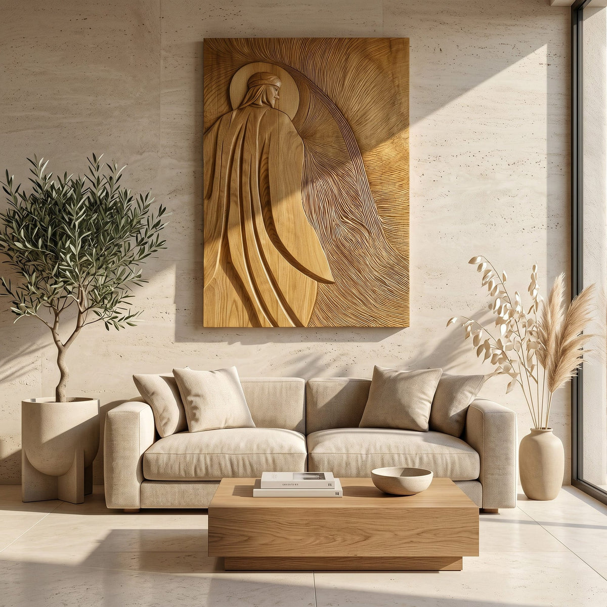 Contemporary Wall Art with Carved Figure, solid wood, built to order