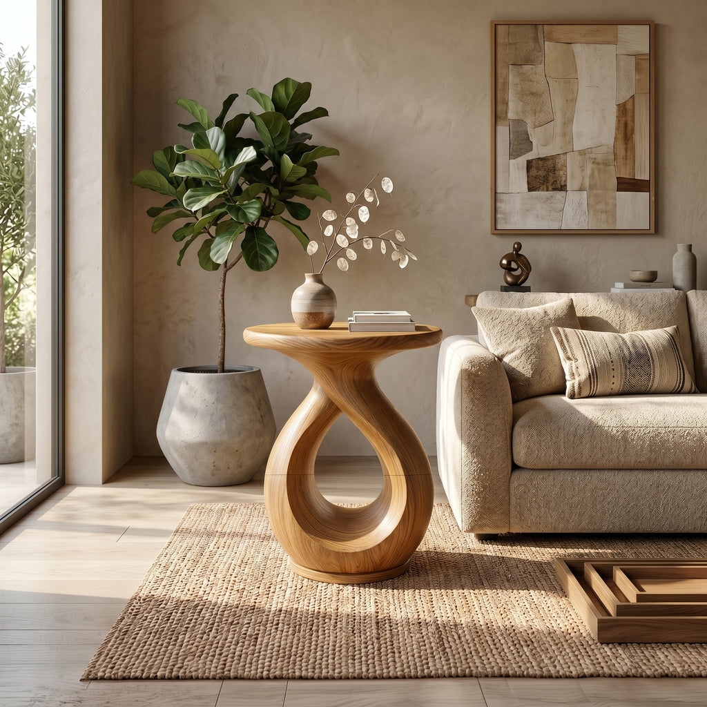 Japandi Twisted Side Table Contemporary Reading Nook, solid wood, built to order