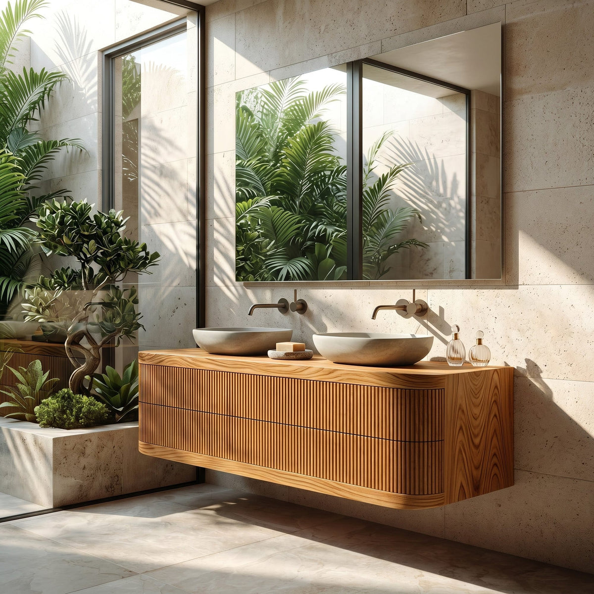 Contemporary Floating Bathroom Vanity with Fluted Front, solid wood, built to order