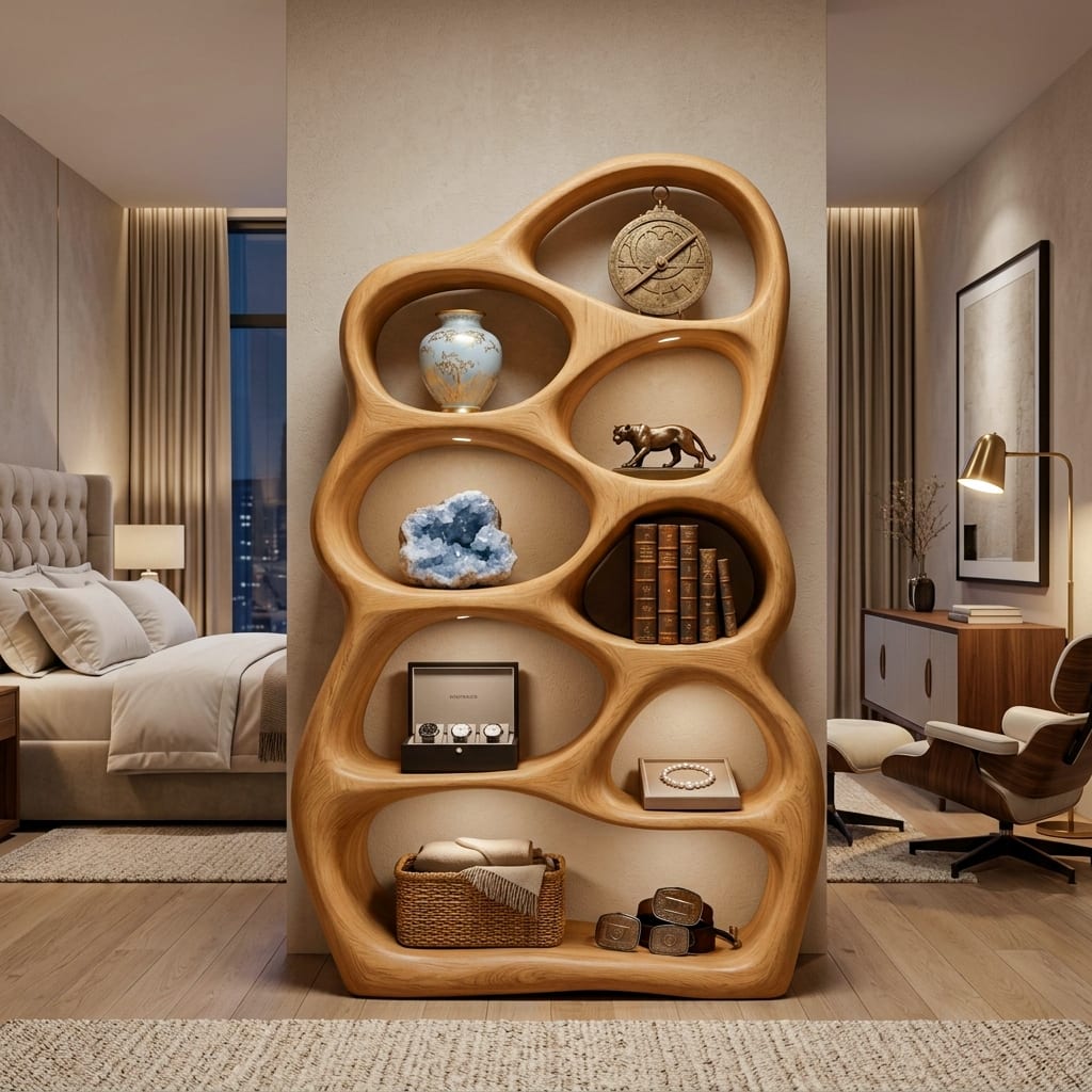 Artistic Sculptural Wood Bookshelf with Multi Tiers for Living Room, solid wood bookcase