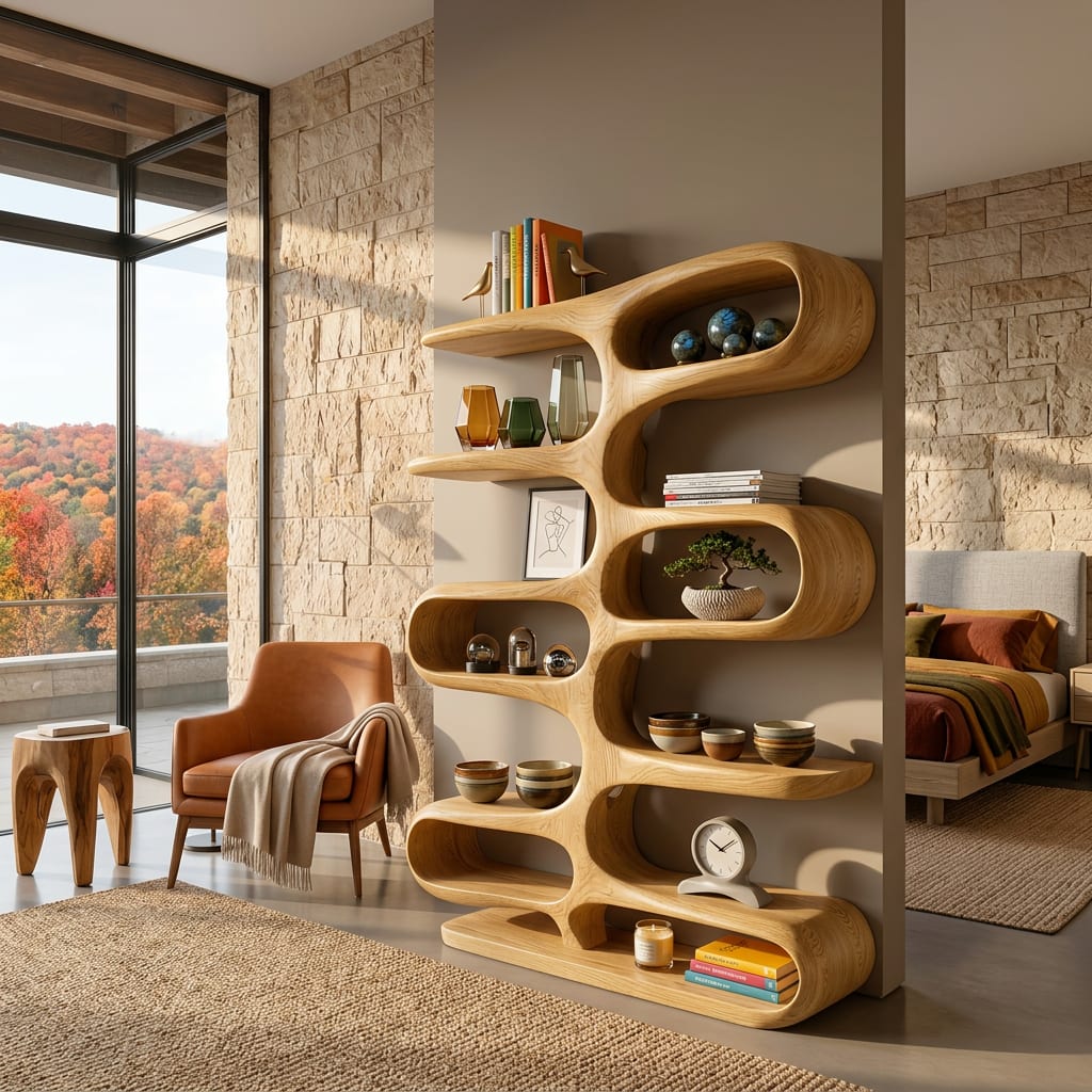 Contemporary Wooden Bookshelf with Sculptural Form for Living Room, solid wood bookcase