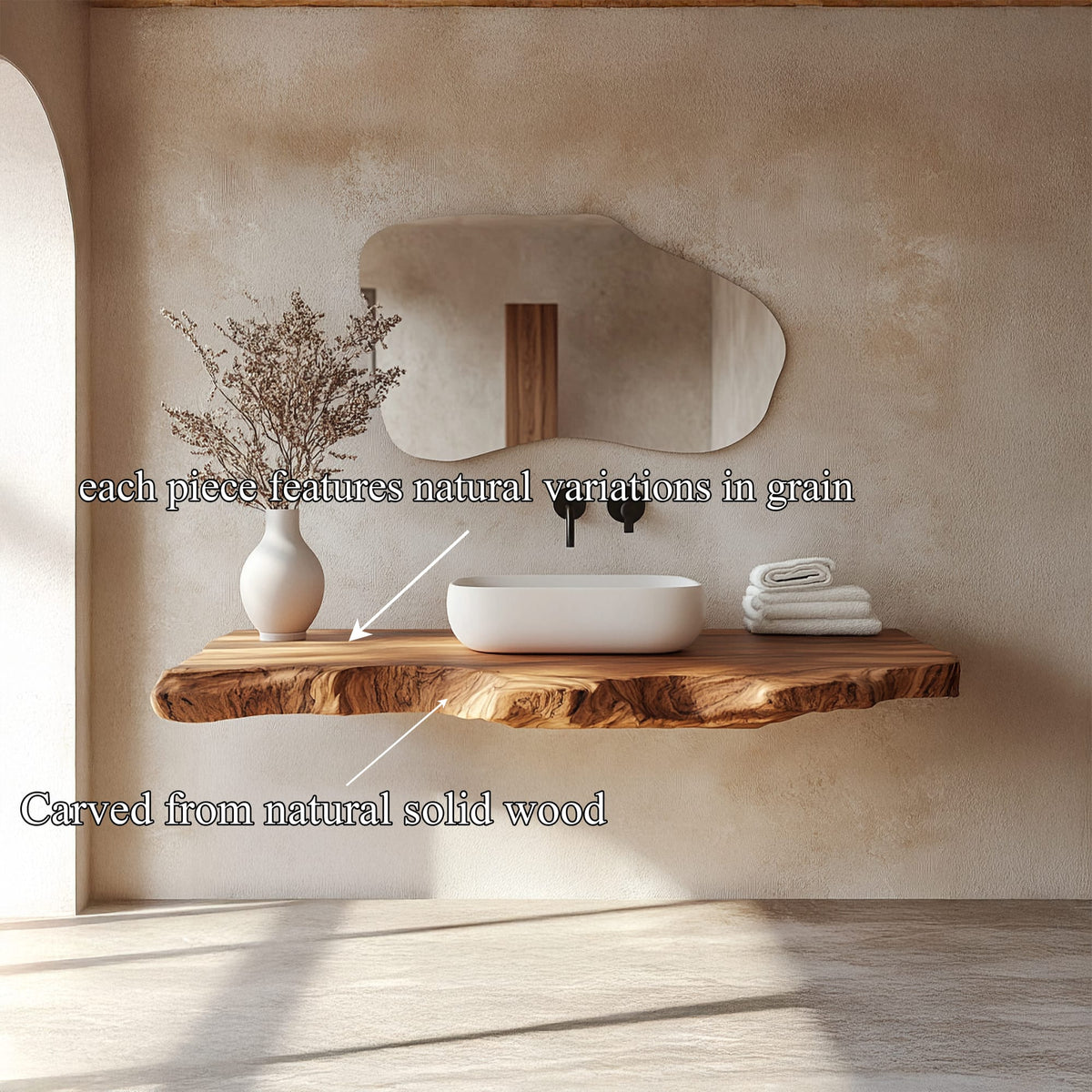 Contemporary Spa Bathroom Vanity Floating Live Edge Counter, solid wood, built to order